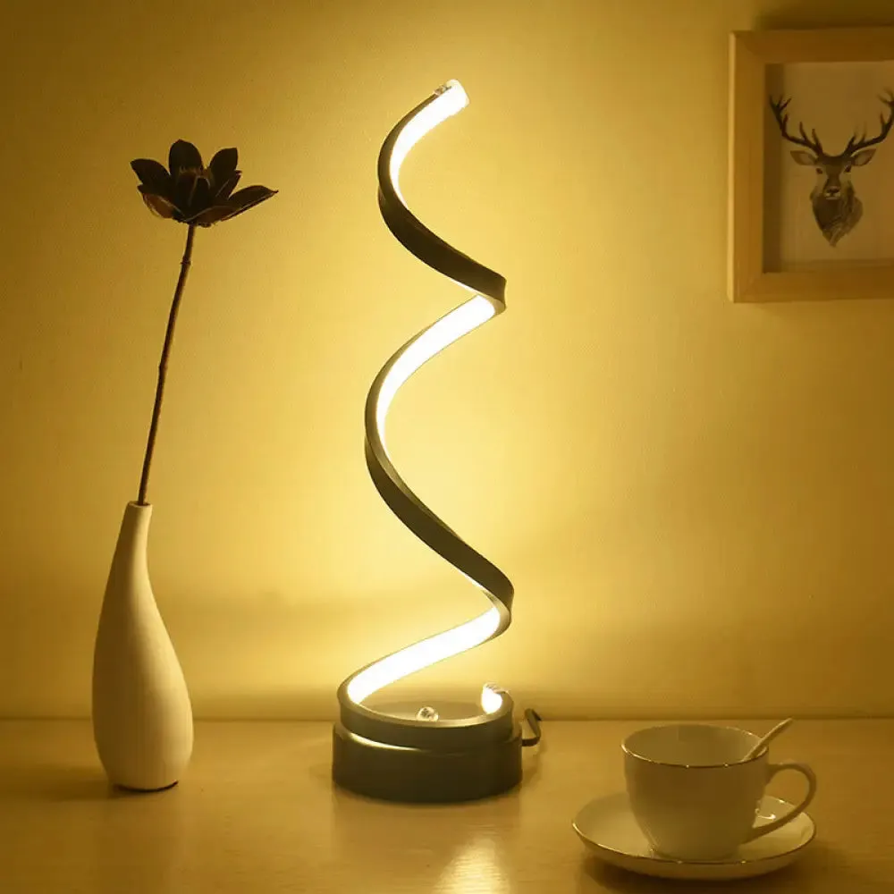 Sleek Spiral Ribbon Metal Table Lamp: Simplicity Black/White/Gold LED Task Lighting with Circle Pedestal in Warm/White Light