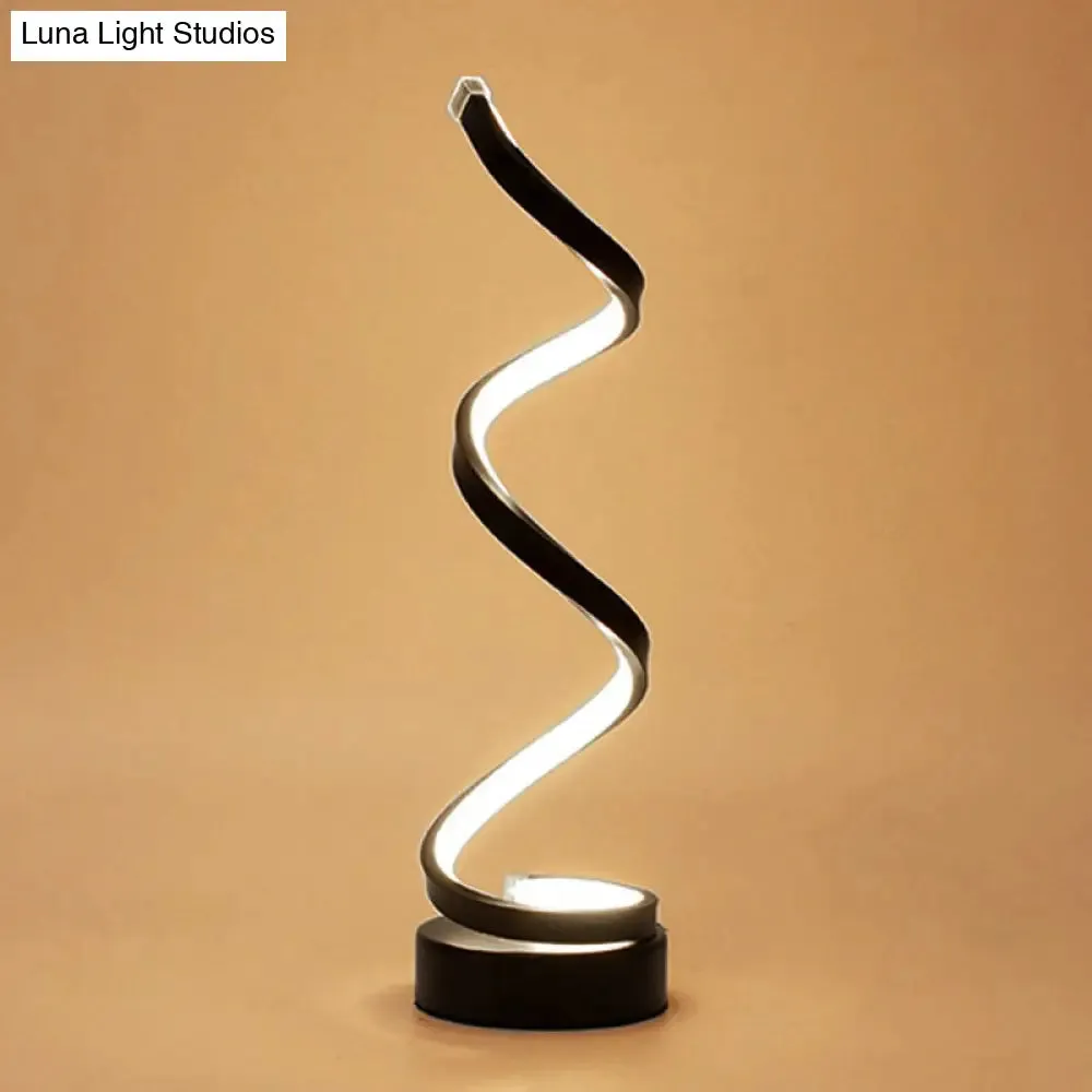 Sleek Spiral Ribbon Metal Table Lamp: Simplicity Black/White/Gold LED Task Lighting with Circle Pedestal in Warm/White Light