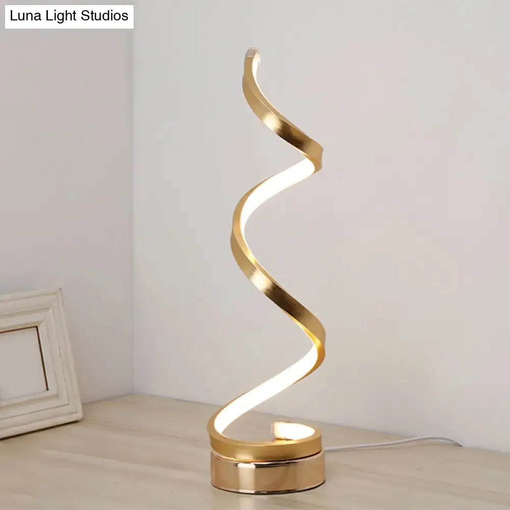 Sleek Spiral Ribbon Metal Table Lamp: Simplicity Black/White/Gold LED Task Lighting with Circle Pedestal in Warm/White Light