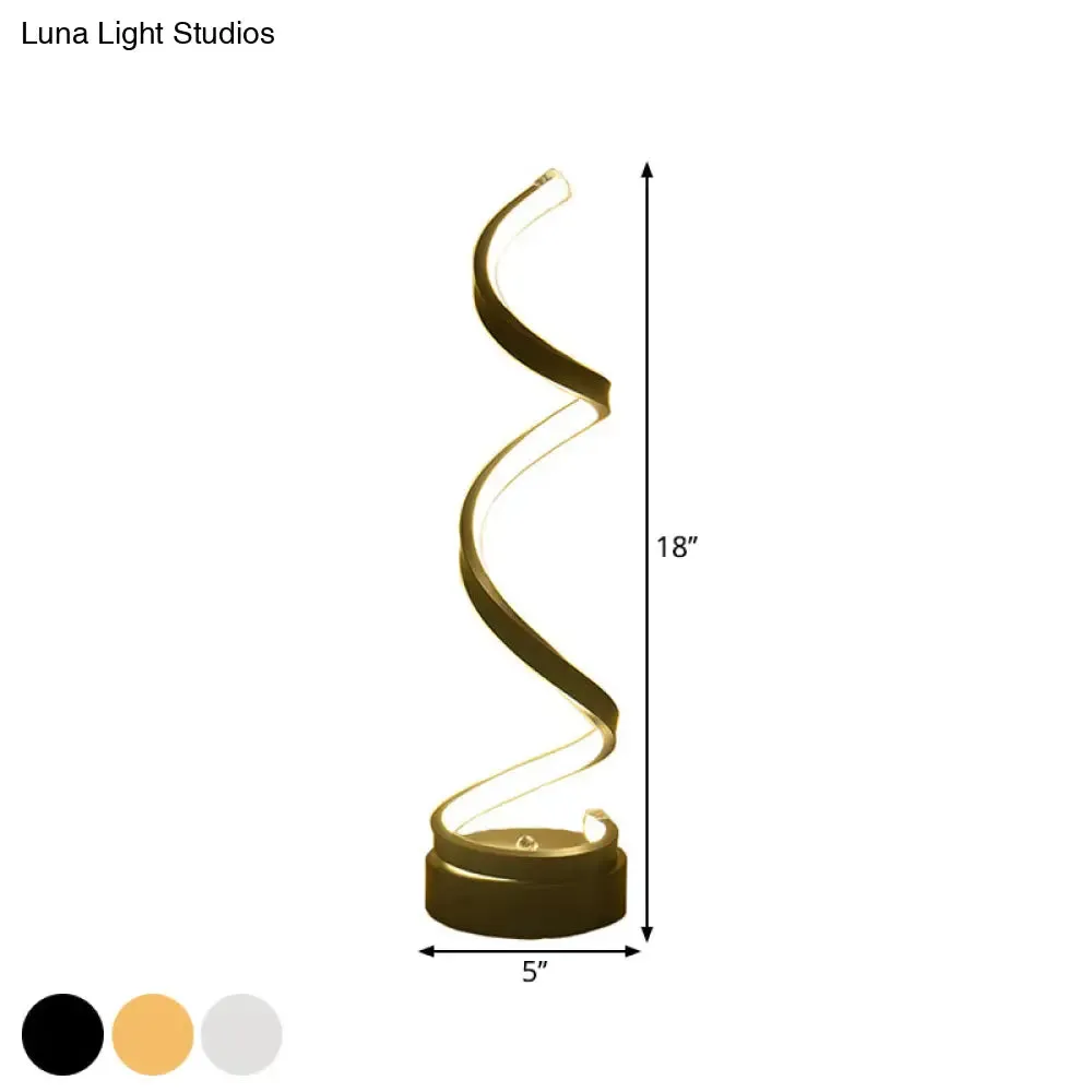 Sleek Spiral Ribbon Metal Table Lamp: Simplicity Black/White/Gold LED Task Lighting with Circle Pedestal in Warm/White Light