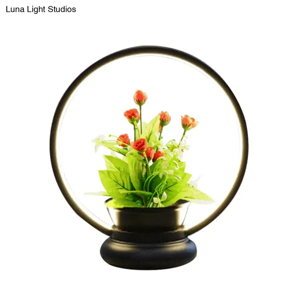 Stylish Metal LED Night Lamp with Plant Decoration - Round/Square Shape, Warm/White Light - for Bedroom Table