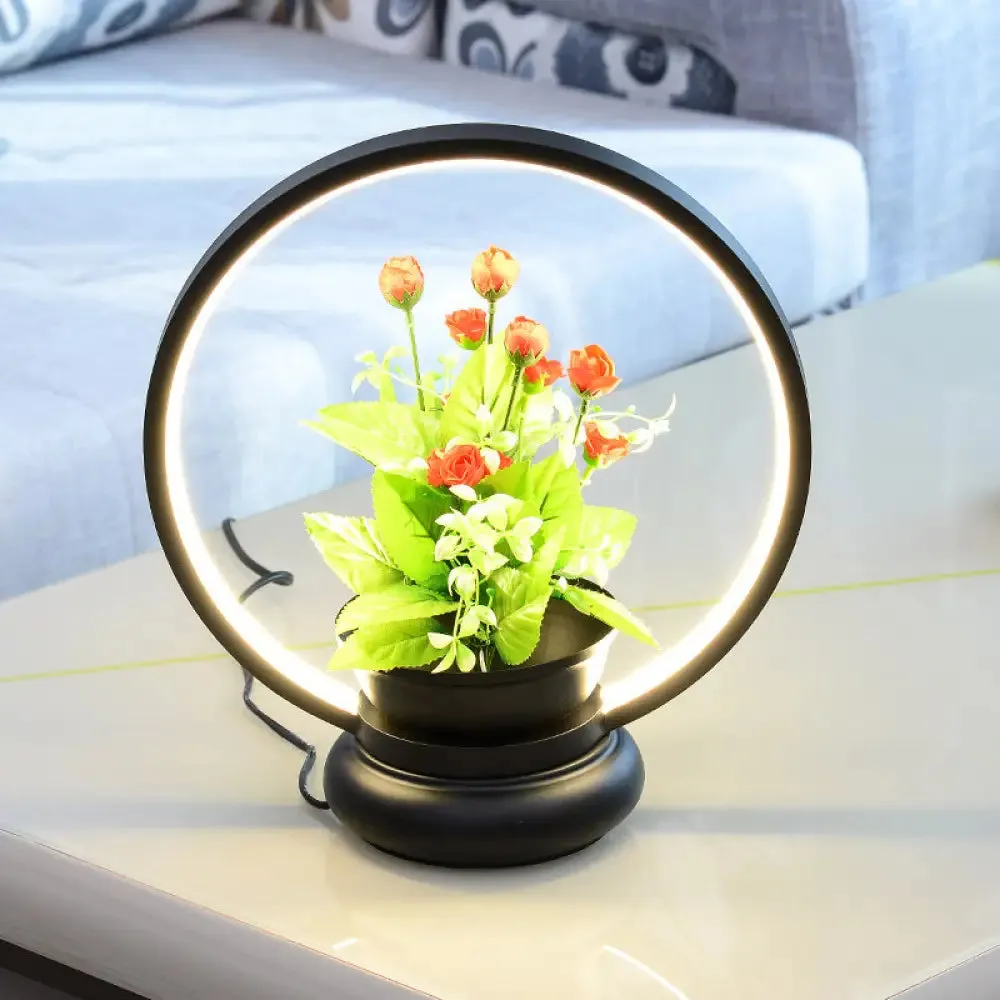 Stylish Metal LED Night Lamp with Plant Decoration - Round/Square Shape, Warm/White Light - for Bedroom Table