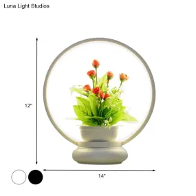 Stylish Metal LED Night Lamp with Plant Decoration - Round/Square Shape, Warm/White Light - for Bedroom Table