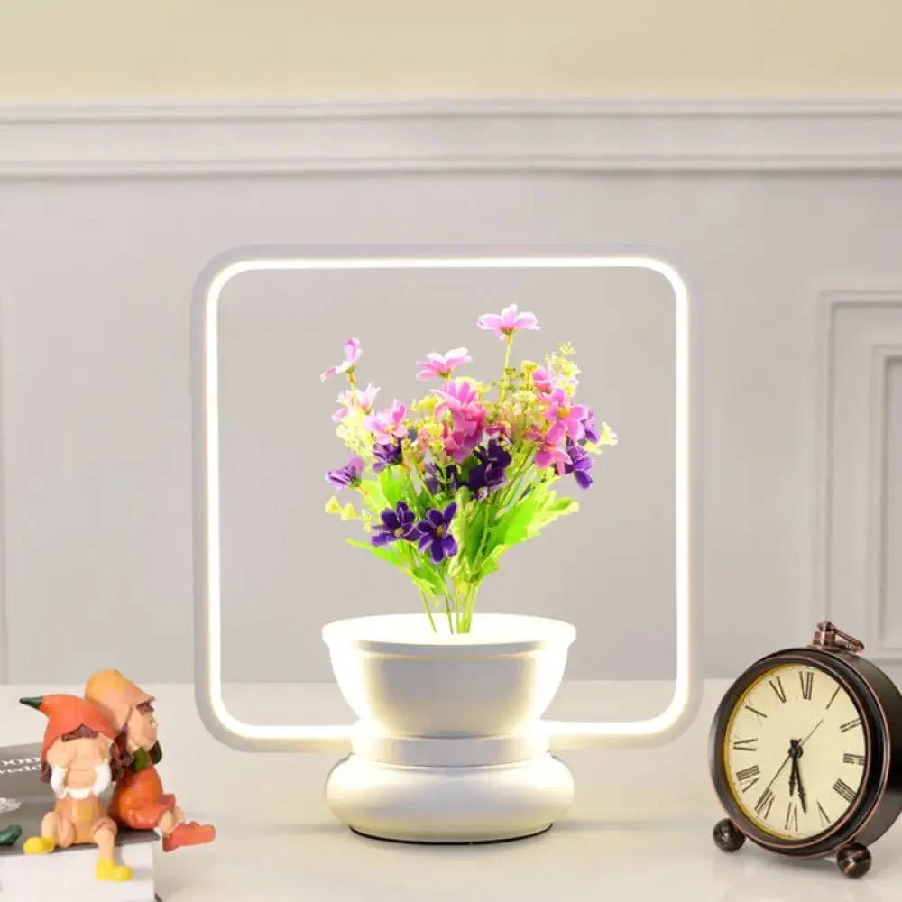 Stylish Metal LED Night Lamp with Plant Decoration - Round/Square Shape, Warm/White Light - for Bedroom Table