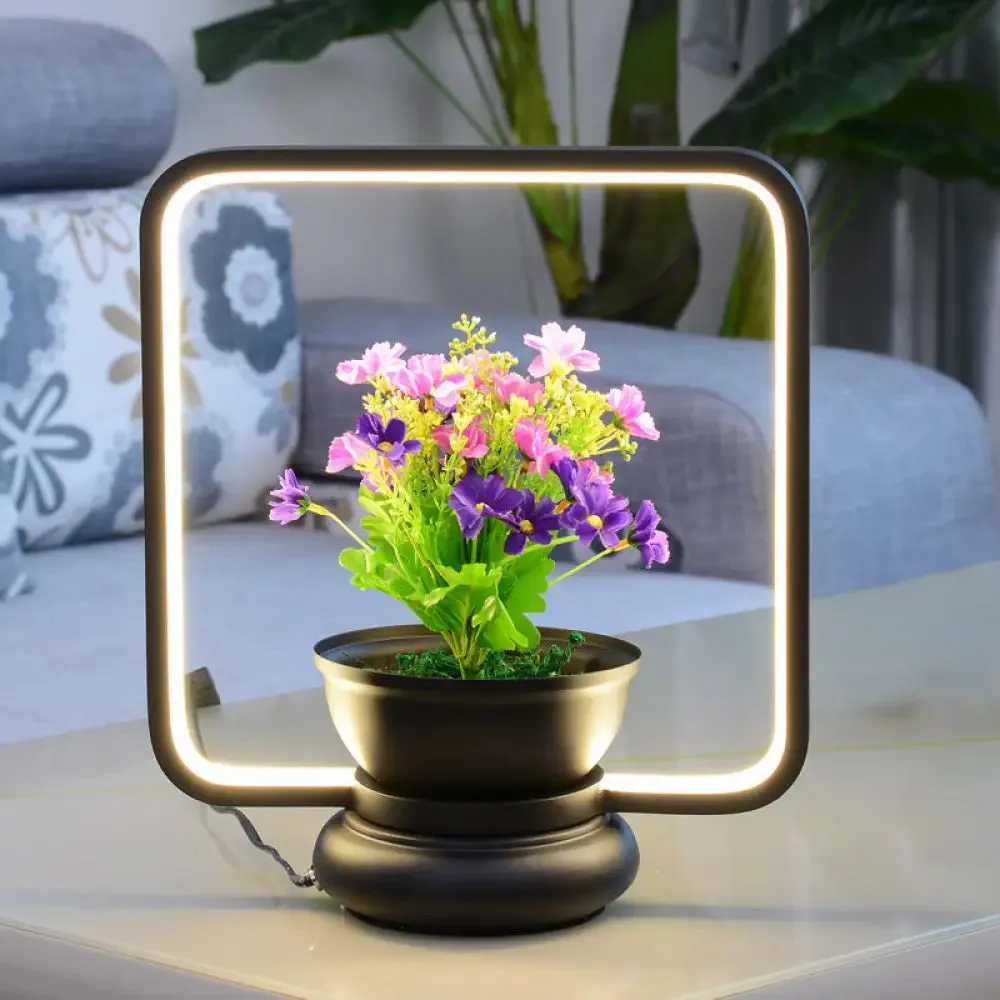 Stylish Metal LED Night Lamp with Plant Decoration - Round/Square Shape, Warm/White Light - for Bedroom Table