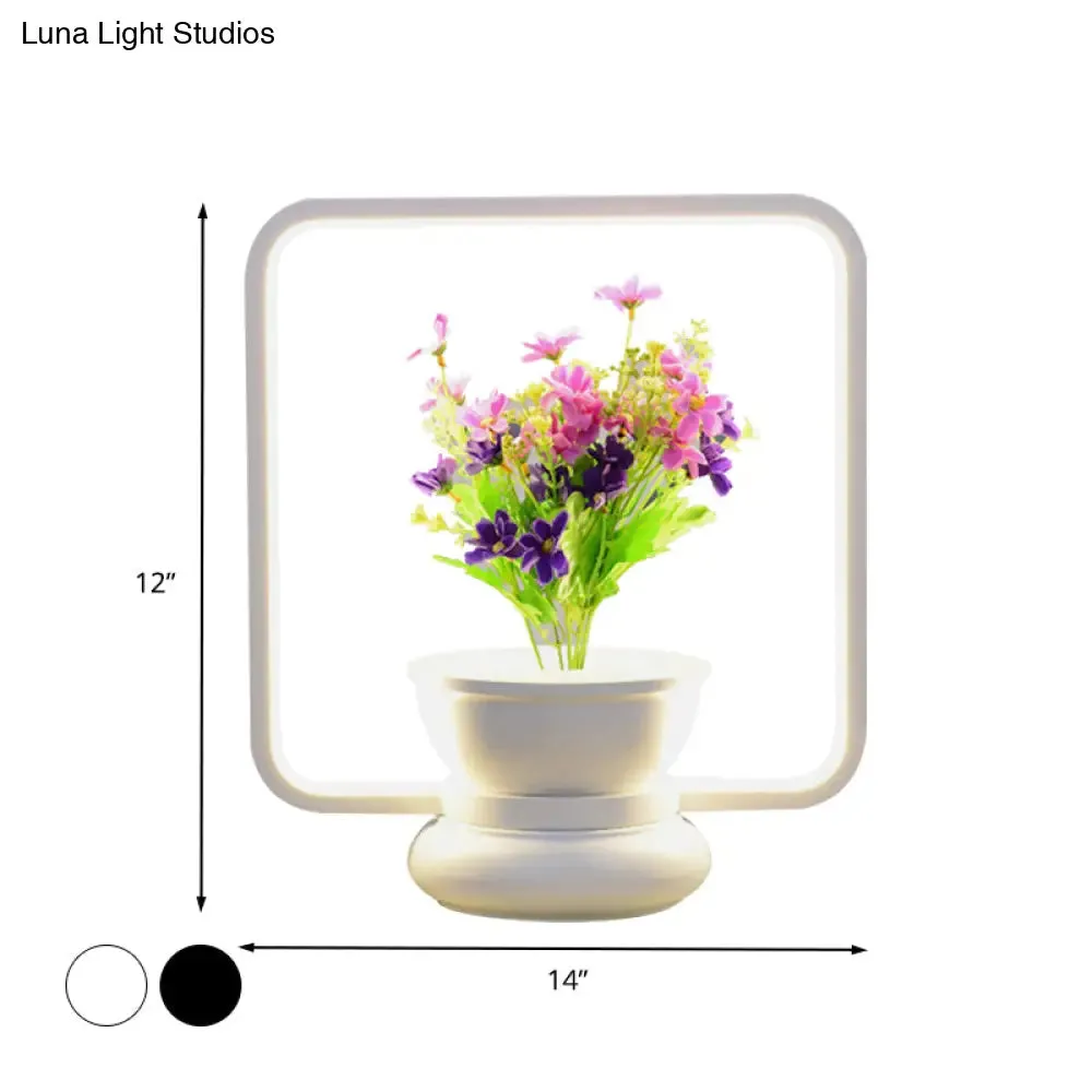 Stylish Metal LED Night Lamp with Plant Decoration - Round/Square Shape, Warm/White Light - for Bedroom Table