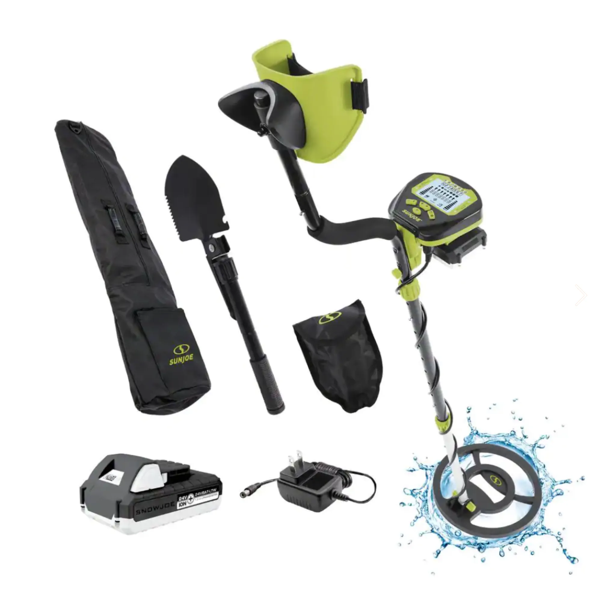 Sun Joe 24-Volt Cordless Metal Detector Kit, 2.0 Ah Battery, Charger, Digging Shovel and Carry Bag Included