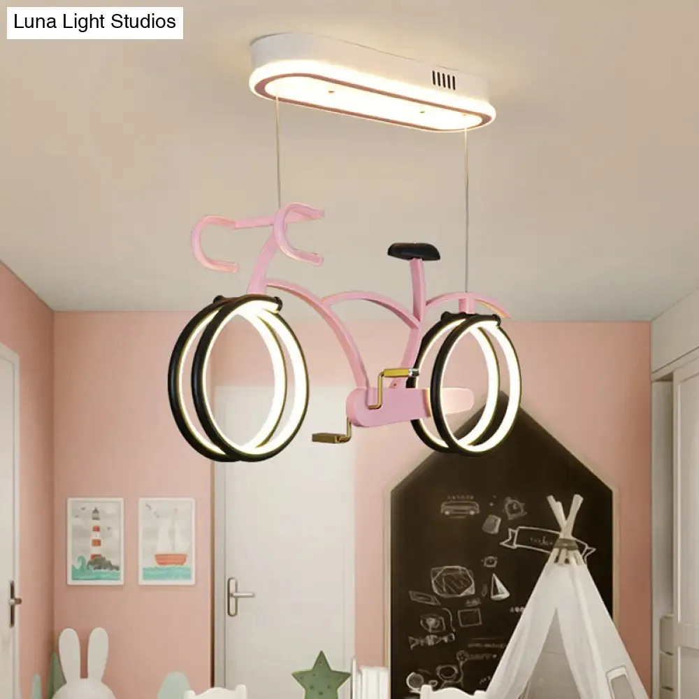 Suspended Metal LED Road Bike Flushmount Ceiling Lamp - Kid's Silver/Blue/Pink Room