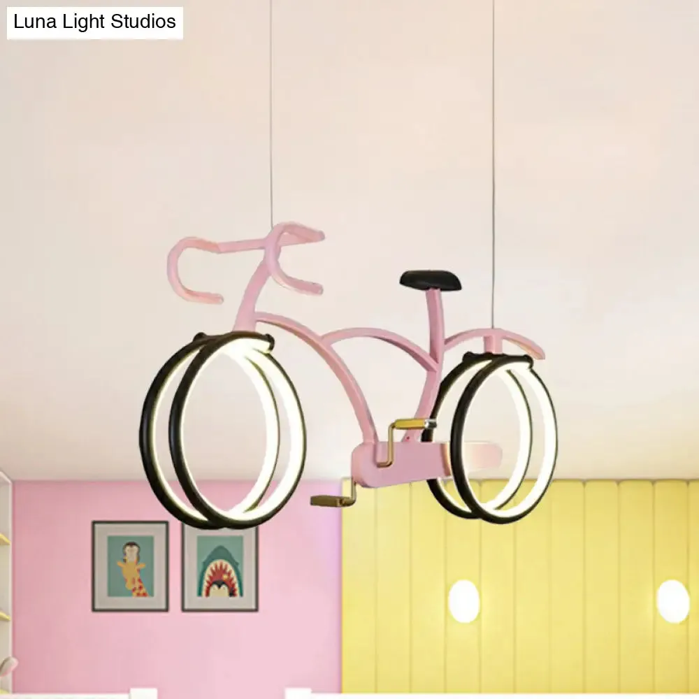 Suspended Metal LED Road Bike Flushmount Ceiling Lamp - Kid's Silver/Blue/Pink Room